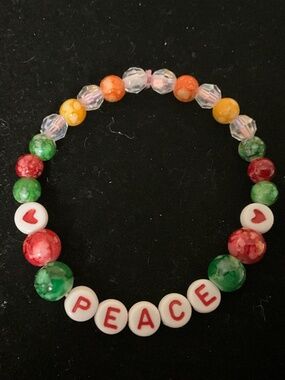 Handmade PEACE Stretch Bracelet-Green, Gold, Orange & Crystal-Red Letters-5”